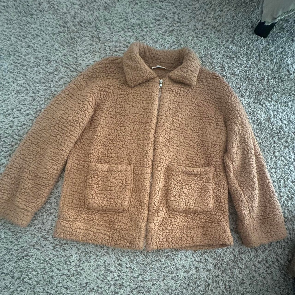 Tan and brown EcoWish teddy jacket.
